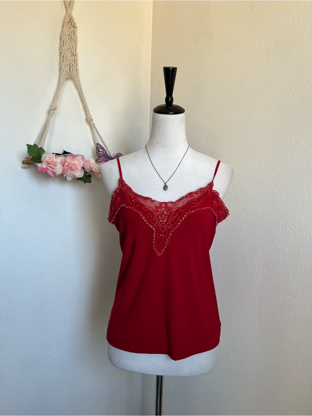 Y2k Red Lace-Trim Camisole Top size large